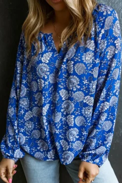 Sale Dear-Lover Floral Notched V-Neck Long Sleeve Blouse Blue