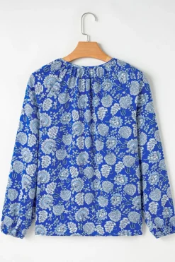 Sale Dear-Lover Floral Notched V-Neck Long Sleeve Blouse Blue