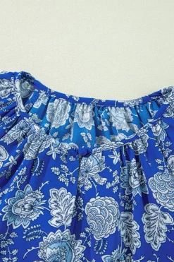 Sale Dear-Lover Floral Notched V-Neck Long Sleeve Blouse Blue