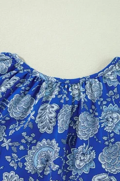 Sale Dear-Lover Floral Notched V-Neck Long Sleeve Blouse Blue