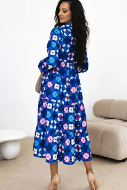 Sale Dear-Lover Floral Peasant Sleeve Tiered Ruffle Midi Dress Blue