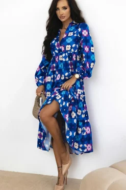 Sale Dear-Lover Floral Peasant Sleeve Tiered Ruffle Midi Dress Blue