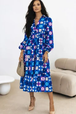 Sale Dear-Lover Floral Peasant Sleeve Tiered Ruffle Midi Dress Blue