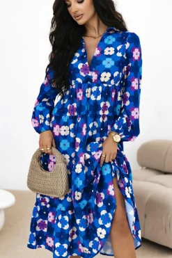Sale Dear-Lover Floral Peasant Sleeve Tiered Ruffle Midi Dress Blue