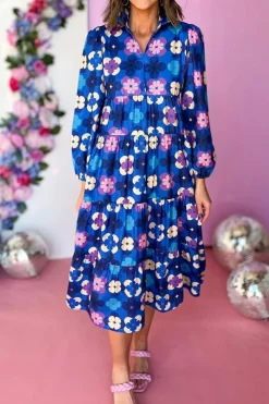 Sale Dear-Lover Floral Peasant Sleeve Tiered Ruffle Midi Dress Blue