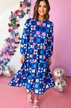 Sale Dear-Lover Floral Peasant Sleeve Tiered Ruffle Midi Dress Blue