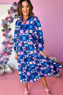 Sale Dear-Lover Floral Peasant Sleeve Tiered Ruffle Midi Dress Blue