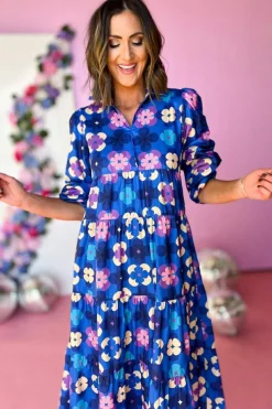 Sale Dear-Lover Floral Peasant Sleeve Tiered Ruffle Midi Dress Blue