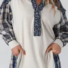 Outlet Dear-Lover Floral Plaid Mixed Print Bishop Sleeve Patchwork Top Blue