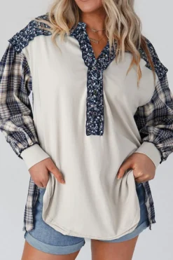 Outlet Dear-Lover Floral Plaid Mixed Print Bishop Sleeve Patchwork Top Blue
