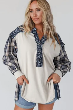 Outlet Dear-Lover Floral Plaid Mixed Print Bishop Sleeve Patchwork Top Blue