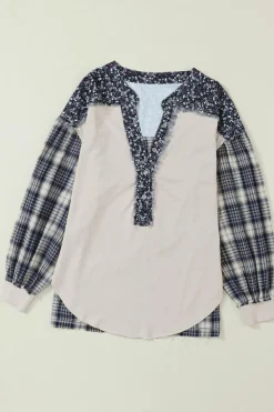 Outlet Dear-Lover Floral Plaid Mixed Print Bishop Sleeve Patchwork Top Blue