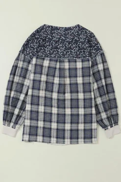 Outlet Dear-Lover Floral Plaid Mixed Print Bishop Sleeve Patchwork Top Blue