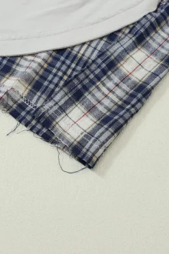 Outlet Dear-Lover Floral Plaid Mixed Print Bishop Sleeve Patchwork Top Blue