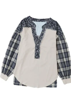Outlet Dear-Lover Floral Plaid Mixed Print Bishop Sleeve Patchwork Top Blue