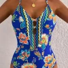 New Dear-Lover Floral Plunging Slim & Sculpt One-Piece Crisscross Backless One Piece Swimsuit Blue