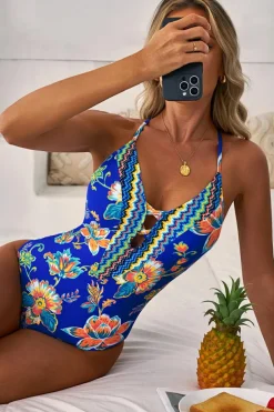 New Dear-Lover Floral Plunging Slim & Sculpt One-Piece Crisscross Backless One Piece Swimsuit Blue