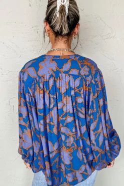 Hot Dear-Lover Floral Print Batwing Sleeve Buttoned Loose Fit Shirt Blue
