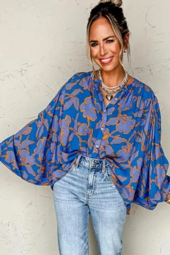 Hot Dear-Lover Floral Print Batwing Sleeve Buttoned Loose Fit Shirt Blue