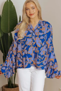 Hot Dear-Lover Floral Print Batwing Sleeve Buttoned Loose Fit Shirt Blue