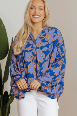 Hot Dear-Lover Floral Print Batwing Sleeve Buttoned Loose Fit Shirt Blue