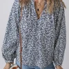 Sale Dear-Lover Floral Print Notched V Neck Puff Sleeve Blouse Blue