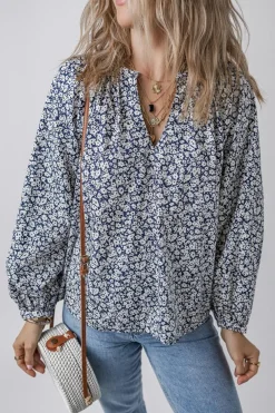 Sale Dear-Lover Floral Print Notched V Neck Puff Sleeve Blouse Blue