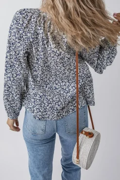 Sale Dear-Lover Floral Print Notched V Neck Puff Sleeve Blouse Blue