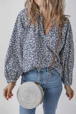 Sale Dear-Lover Floral Print Notched V Neck Puff Sleeve Blouse Blue