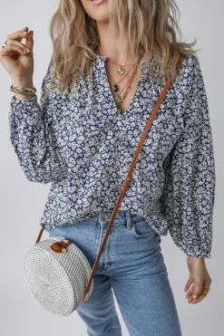 Sale Dear-Lover Floral Print Notched V Neck Puff Sleeve Blouse Blue