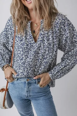 Sale Dear-Lover Floral Print Notched V Neck Puff Sleeve Blouse Blue