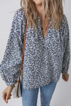 Sale Dear-Lover Floral Print Notched V Neck Puff Sleeve Blouse Blue