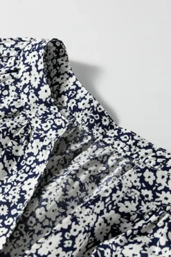 Sale Dear-Lover Floral Print Notched V Neck Puff Sleeve Blouse Blue