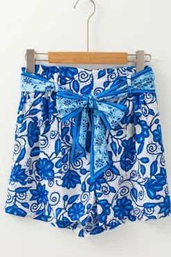Discount Dear-Lover Floral Print Pocketed Front Knot High Waist Casual Shorts Blue