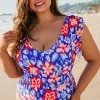 New Dear-Lover Floral Print Ruffled V Neck High Waist One Piece Swimwear Blue