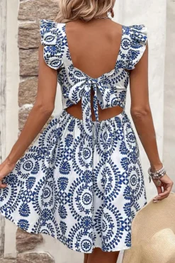 Online Dear-Lover Floral Print Ruffled Tied Backless A-line Mini Dress Blue