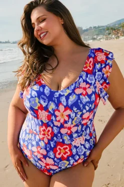 New Dear-Lover Floral Print Ruffled V Neck High Waist One Piece Swimwear Blue
