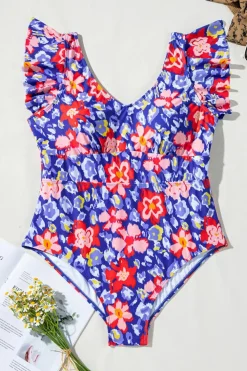 New Dear-Lover Floral Print Ruffled V Neck High Waist One Piece Swimwear Blue