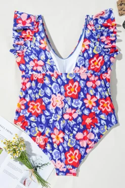 New Dear-Lover Floral Print Ruffled V Neck High Waist One Piece Swimwear Blue