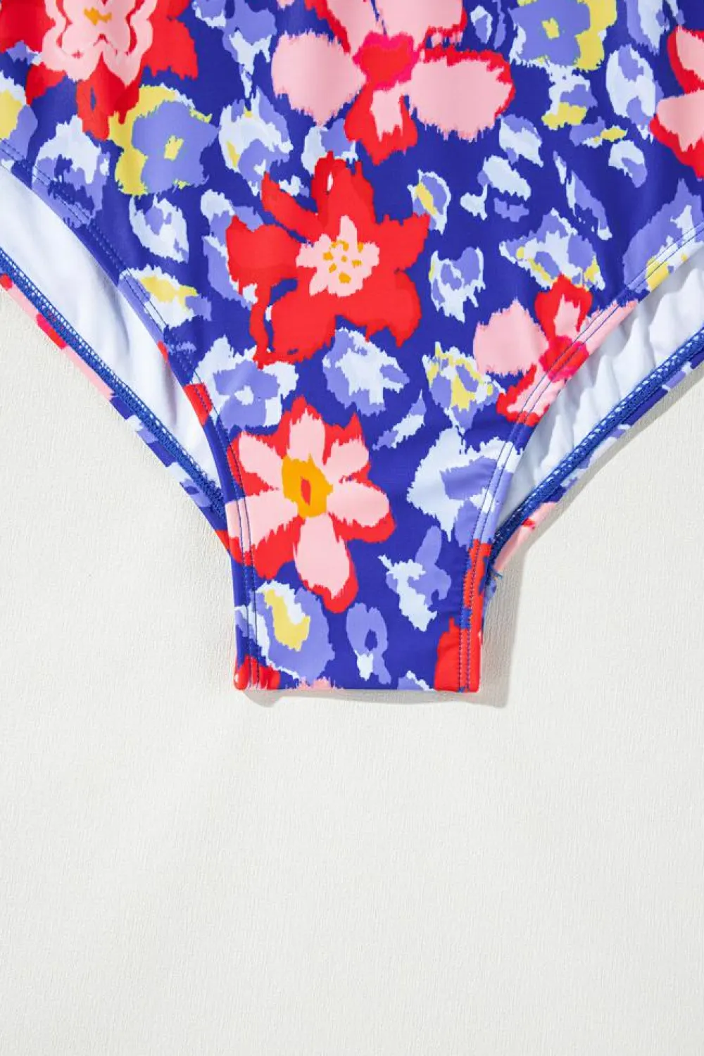New Dear-Lover Floral Print Ruffled V Neck High Waist One Piece Swimwear Blue