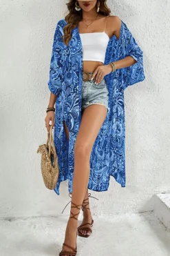 Outlet Dear-Lover Floral Print Side Slit Open Front Long Kimono Blue