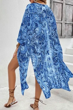 Outlet Dear-Lover Floral Print Side Slit Open Front Long Kimono Blue