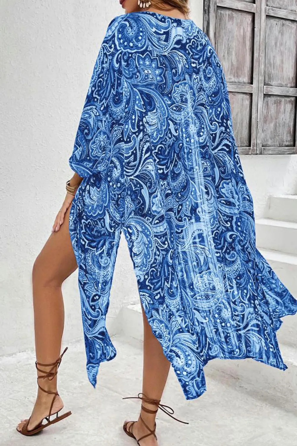 Outlet Dear-Lover Floral Print Side Slit Open Front Long Kimono Blue