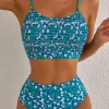 Discount Dear-Lover Floral Print Smocked Cute Bikini Set Blue