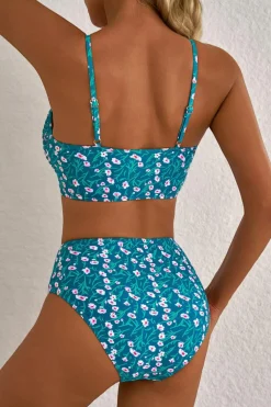 Discount Dear-Lover Floral Print Smocked Cute Bikini Set Blue