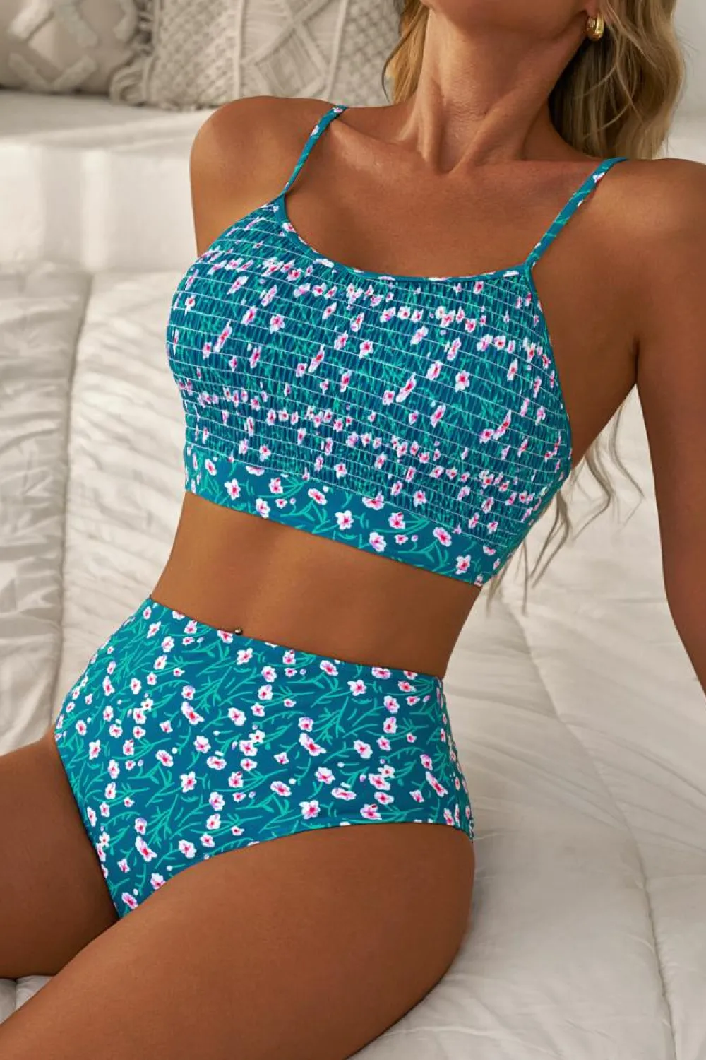 Discount Dear-Lover Floral Print Smocked Cute Bikini Set Blue