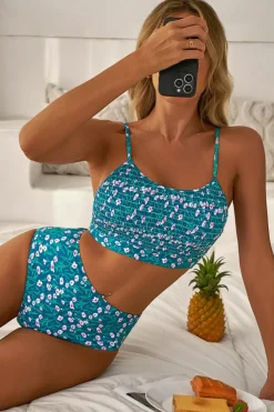 Discount Dear-Lover Floral Print Smocked Cute Bikini Set Blue