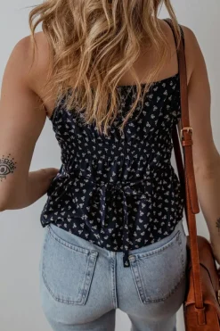 New Dear-Lover Floral Print Spaghetti Strap Buttoned V Neck Tank Top Blue