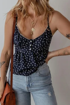 New Dear-Lover Floral Print Spaghetti Strap Buttoned V Neck Tank Top Blue