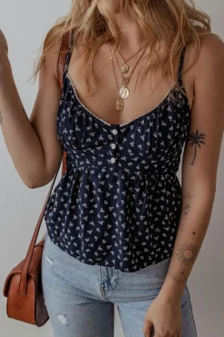 New Dear-Lover Floral Print Spaghetti Strap Buttoned V Neck Tank Top Blue